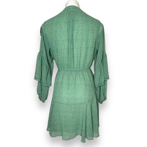 Sage Green Polka Dot Long Sleeve Ruffle Mini Dress Casual Flowy Swing Medium - Picture 6 of 10
